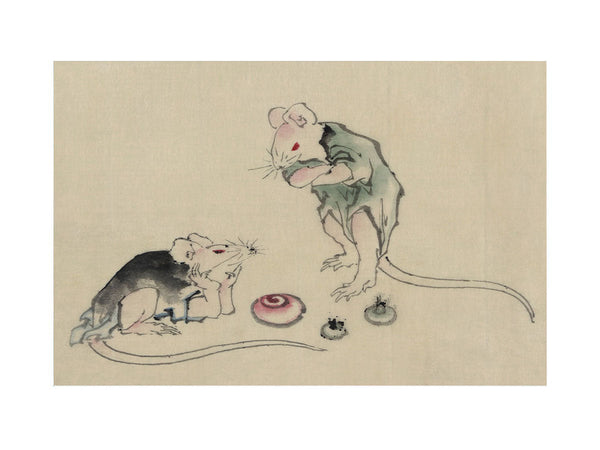 Two mice, one lying on the ground with head resting on forepaws