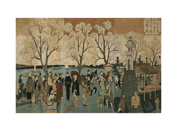 Japanese triptych print showing Japanese and foreign people walking along the Sumida River among cherry trees in full bloom