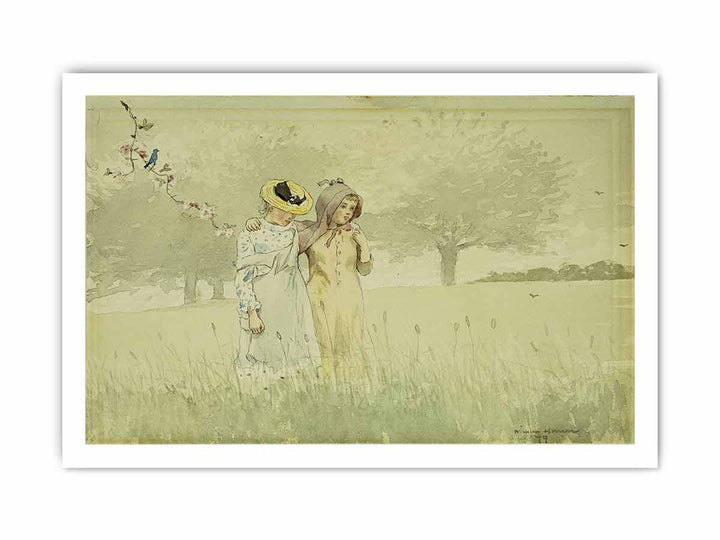 Girls strolling in an Orchard