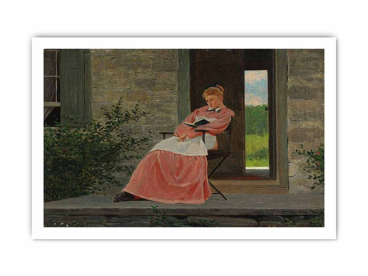 Girl reading on a stone porch