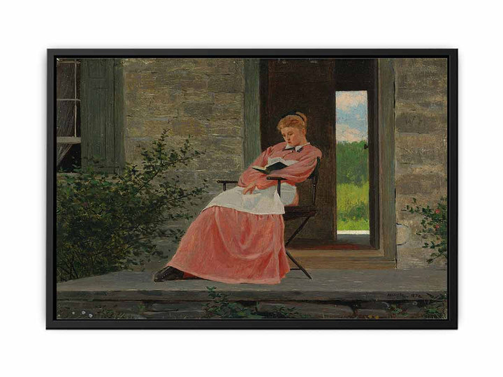 Girl reading on a stone porch