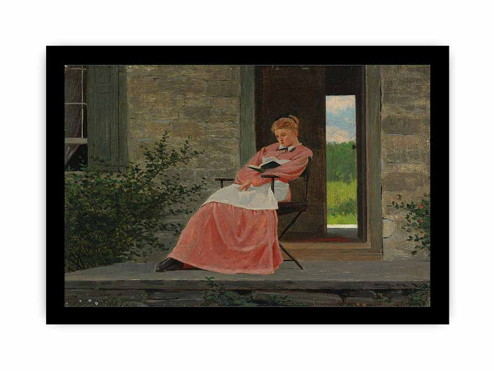 Girl reading on a stone porch