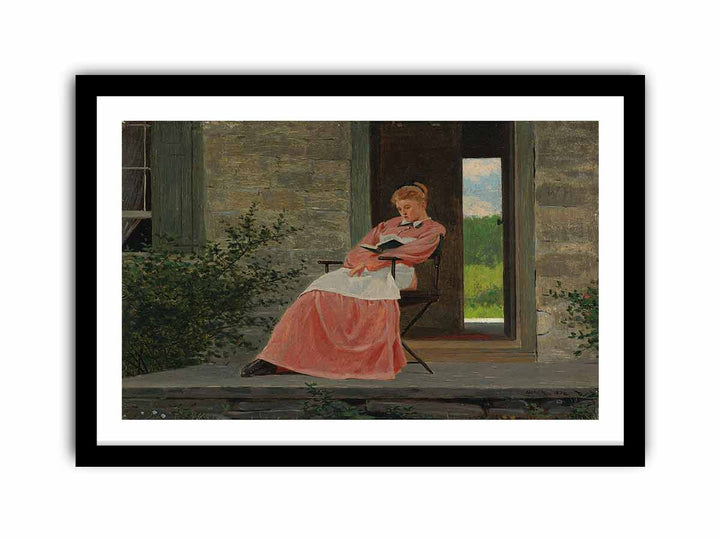 Girl reading on a stone porch