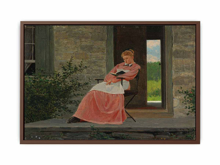 Girl reading on a stone porch