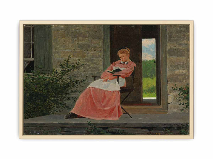 Girl reading on a stone porch