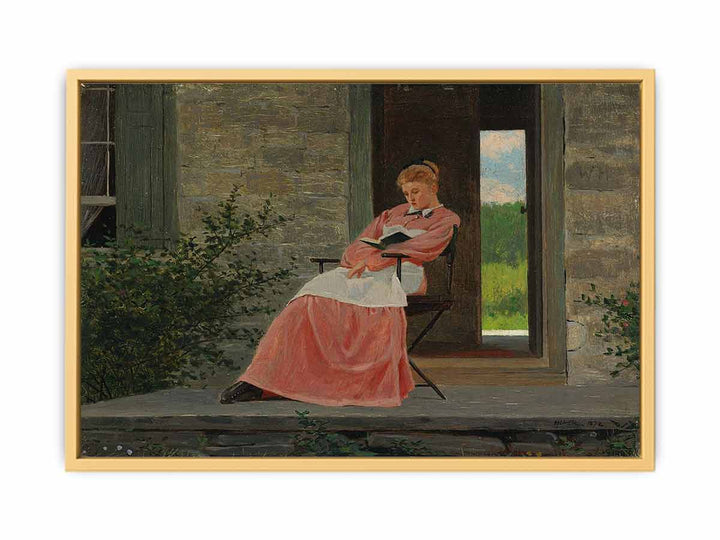 Girl reading on a stone porch