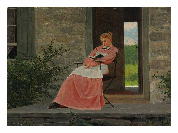 Girl reading on a stone porch