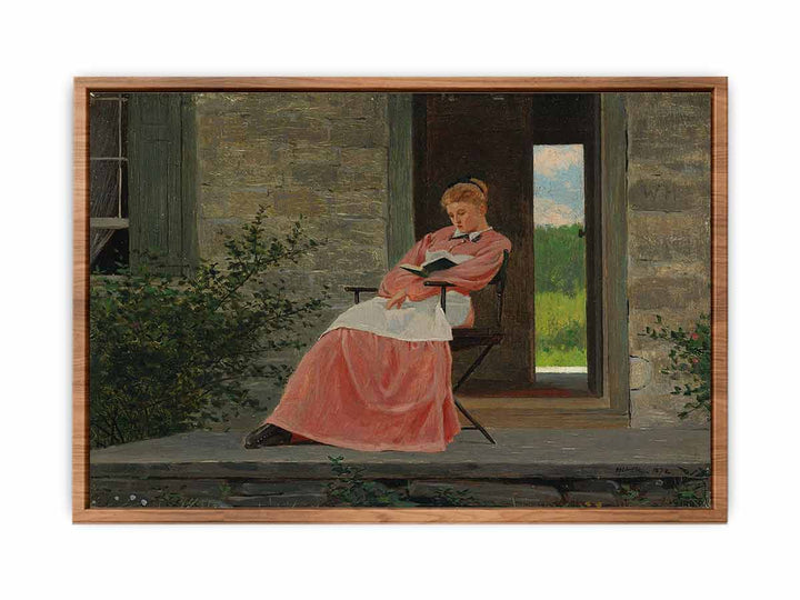 Girl reading on a stone porch