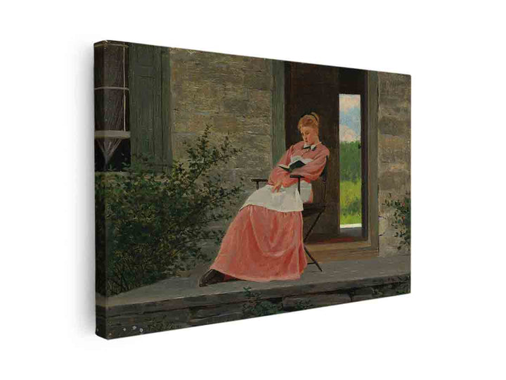 Girl reading on a stone porch