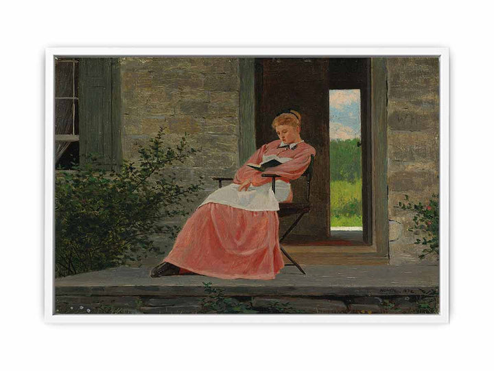 Girl reading on a stone porch