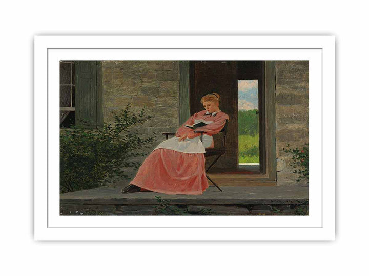 Girl reading on a stone porch