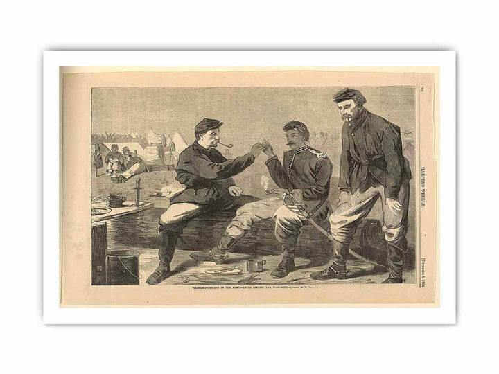 Print, Thanksgiving Day in the army; after dinner the wishbone, Harper's Weekly, December 1864