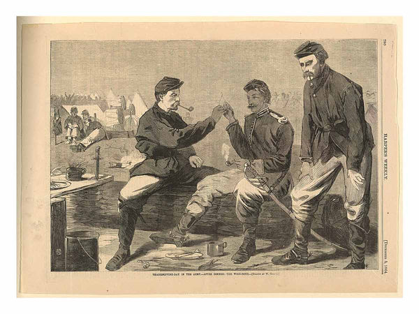 Print, Thanksgiving Day in the army; after dinner the wishbone, Harper's Weekly, December 1864