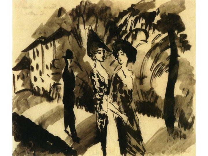 Two Women and an Man on an Avenue