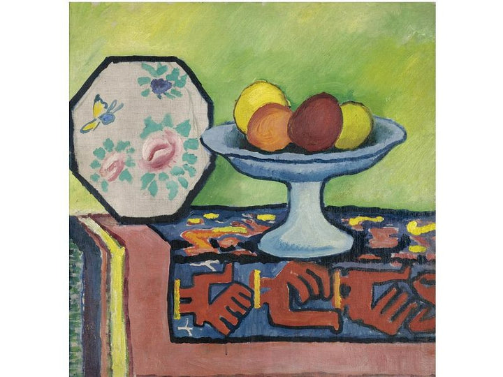 Still life with bowl of apples and Japanese fan