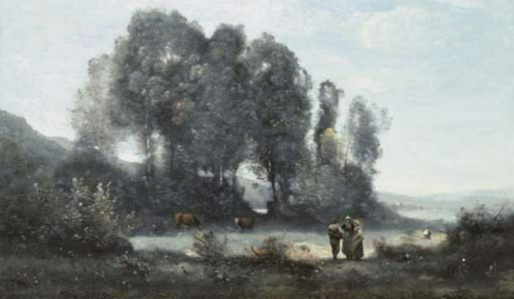 Groupe d'arbres au bord d'un etang avec trois campagnards debout et deux vaches (environs de Ville d'Avray) 