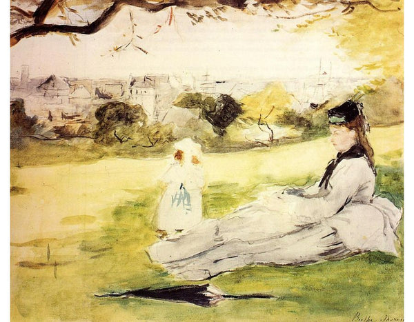 Woman And Child Seated In A Meadow