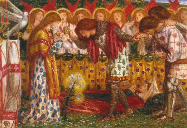 How Sir Galahad, Sir Bors and Sir Percival were Fed with the Sanc Grael; But Sir Percival's Sister Died by the Way 1864 Painting by Dante Gabriel Rossetti