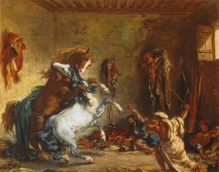 Arab Horses Fighting in a Stable 1860