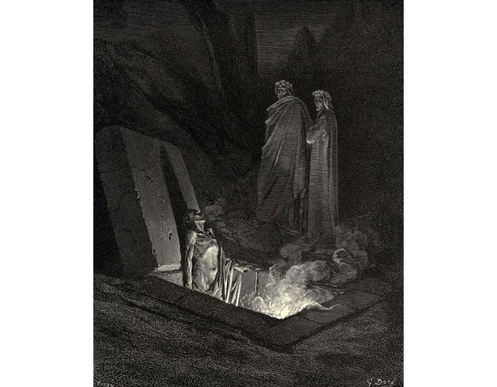 The Inferno, Canto 10, lines 40-42: He, soon as there I stood at the tomb’s foot, Ey’d me a space, then in disdainful mood Address’d me: “Say, what ancestors were thine?” 