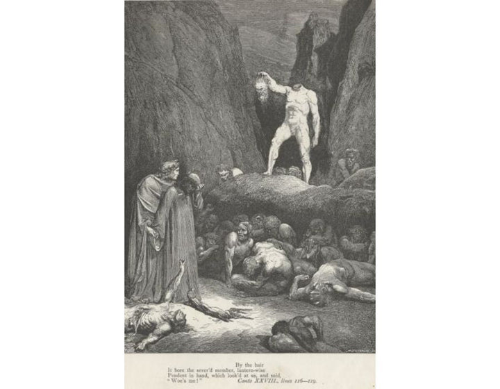 The Inferno, Canto 28, lines 116-119: By the hair It bore the sever’d member, lantern-wise Pendent in hand, which look’d at us and said, “Woe’s me!” 