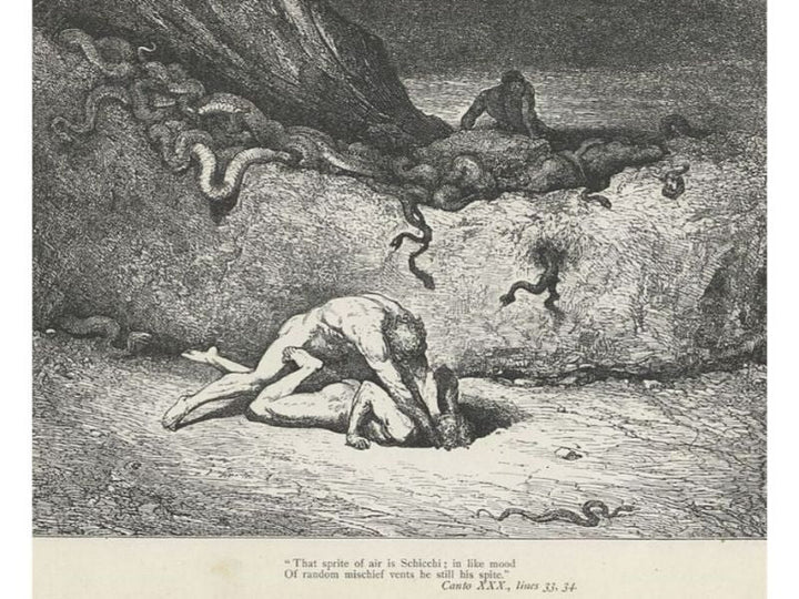 The Inferno, Canto 30, lines 33-34: “That sprite of air is Schicchi; in like mood Of random mischief vent he still his spite.” 