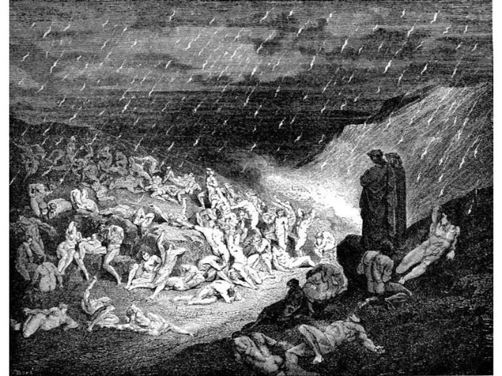 The Inferno, Canto 14, line 37-39: Unceasing was the play of wretched hands, Now this, now that way glancing, to shake off The heat, still falling fresh. 