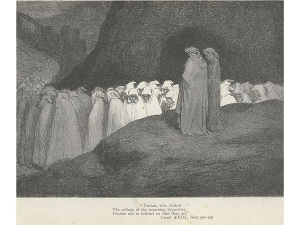 The Inferno, Canto 23, lines 92-94: “Tuscan, who visitest The college of the mourning hypocrites, Disdain not to instruct us who thou art.” 