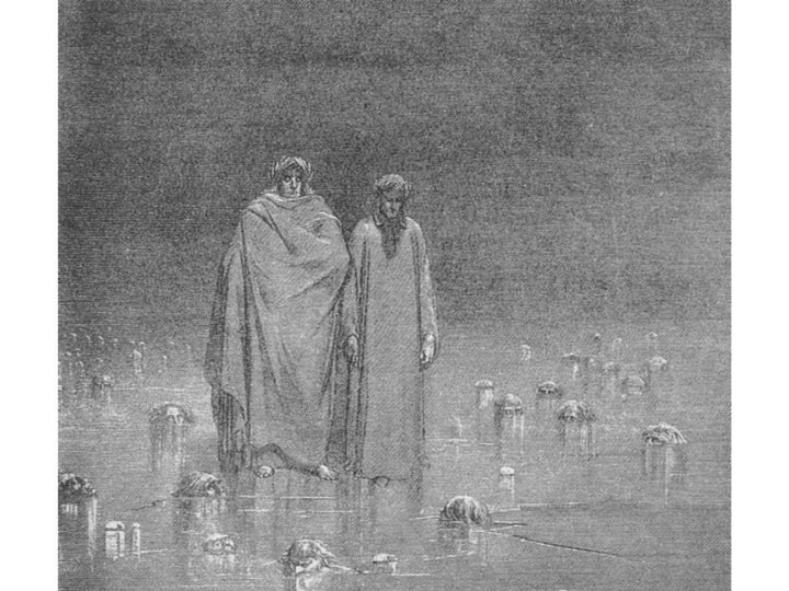 The Inferno, Canto 32, lines 20-22: “Look how thou walkest. Take Good heed, thy soles do tread not on the heads Of thy poor brethren.” 