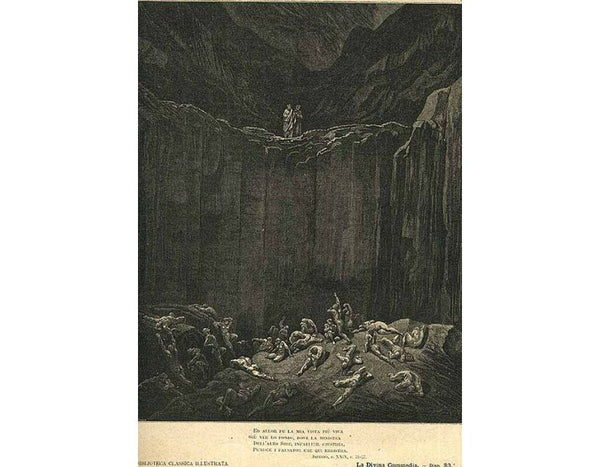 The Inferno, Canto 29, lines 52-56: Then my sight Was livelier to explore the depth, wherein The minister of the most mighty Lord, All-searching Justice, dooms to punishment The forgers noted on her dread record. 