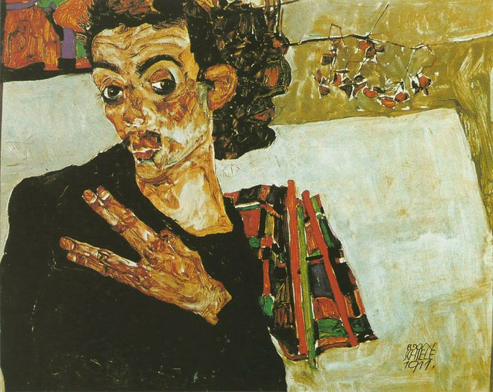 Self-Portrait with Black Earthenware Vessel (Selbstbildnis mit schwarzem Tongefass) Painting by Egon Schiele