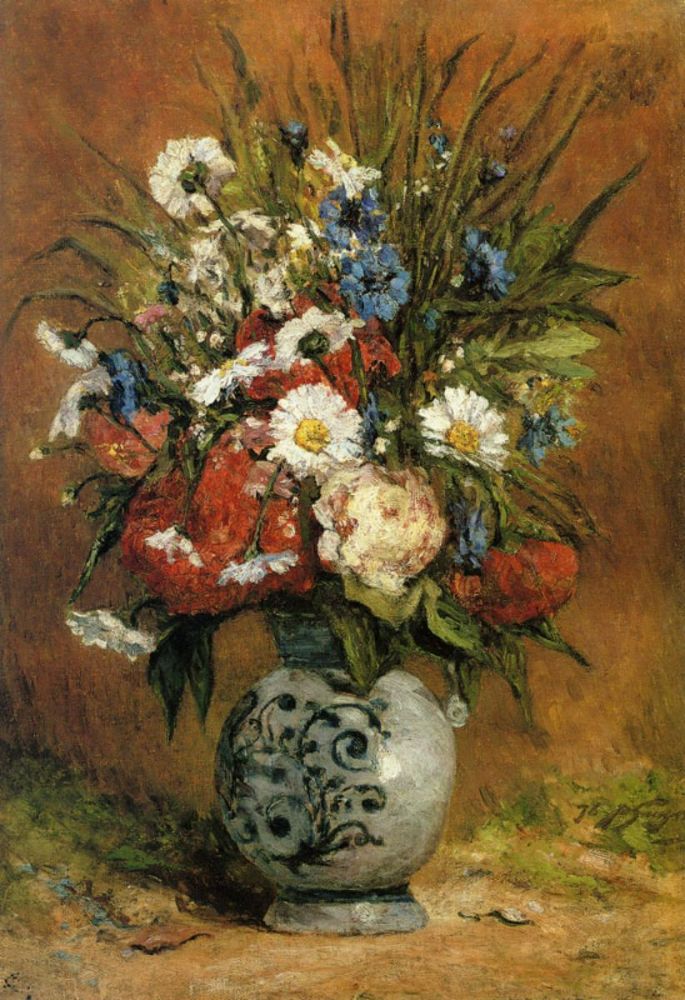 Daisies And Peonies In A Blue Vase 