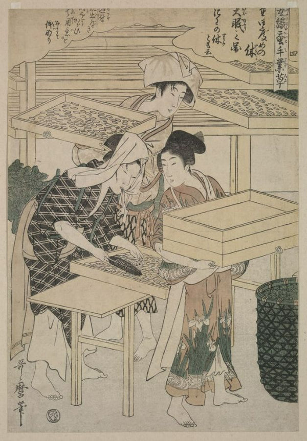 Stirring the silk worms, no.4 from Joshoku kaiko tewaza-gusa, c.1800 