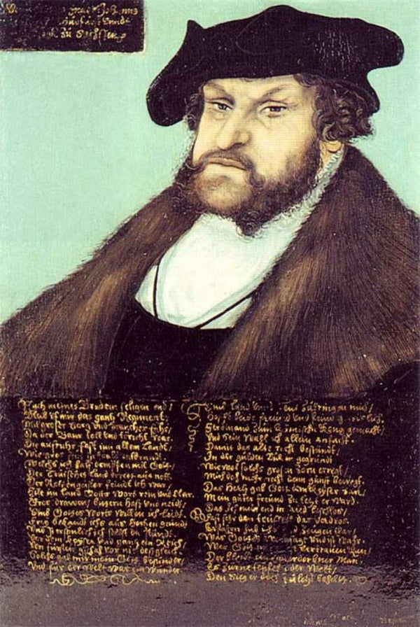 Portrait of John the Steadfast, Elector of Saxony (1468-1532), bust-length, in a white shirt, fur-lined coat, and black hat 