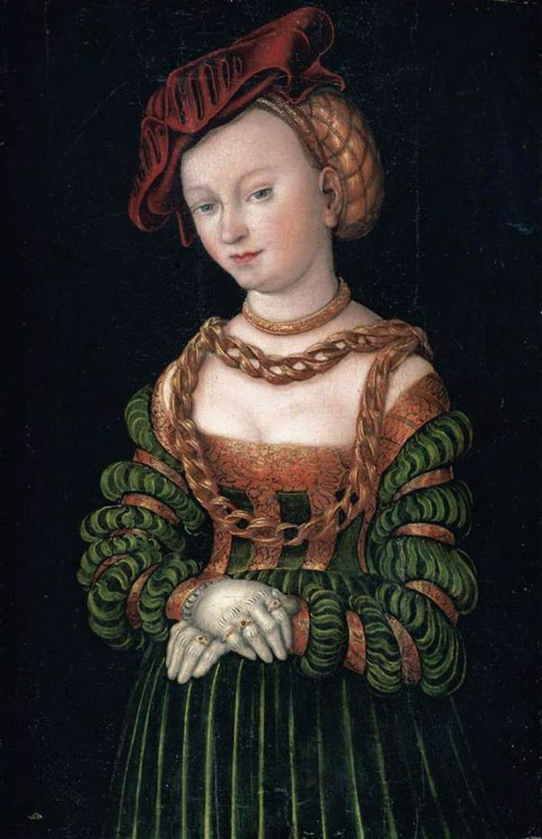 Woman, Three-Quarter Length, As A Court Beauty, Wearing A Red Cap And A Green Dress Trimmed With Gold, Her Decolletage Bedecked With Gold Chains 