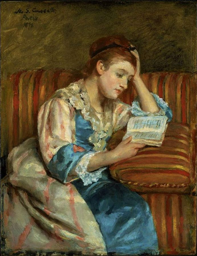 Mrs. Duffee Seated on a Striped Sofa, Reading 