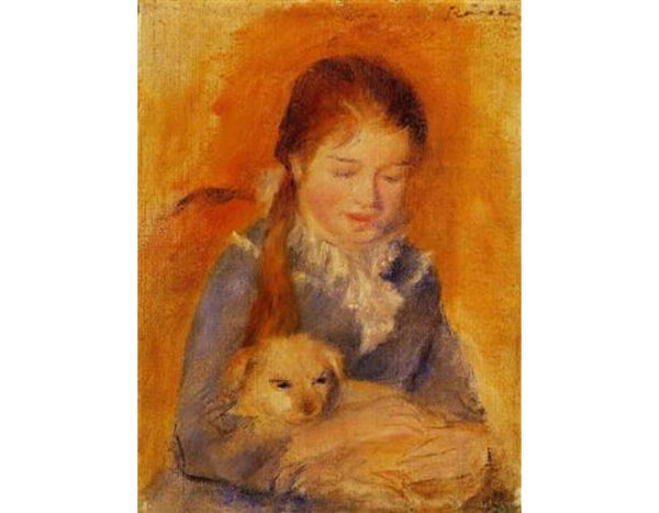 Girl With A Dog Painting  by Pierre Auguste Renoir