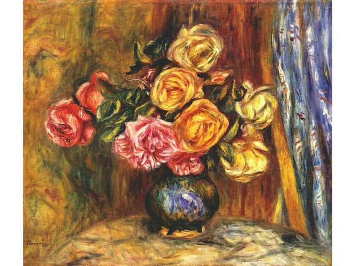 Still life, roses before blue curtain
 by Pierre Auguste Renoir