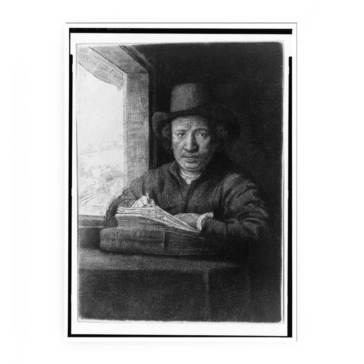 Rembrandt drawing at a window
 Painting