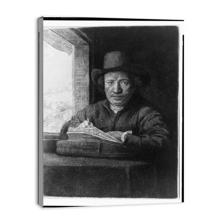 Rembrandt drawing at a window
 Painting