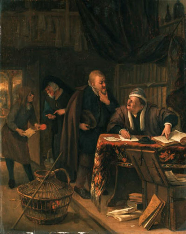 The Rent Day an interior with a lawyer at a table conversing with a client, a clerk offering a sealed document to a lady beyond Painting by Jan Steen