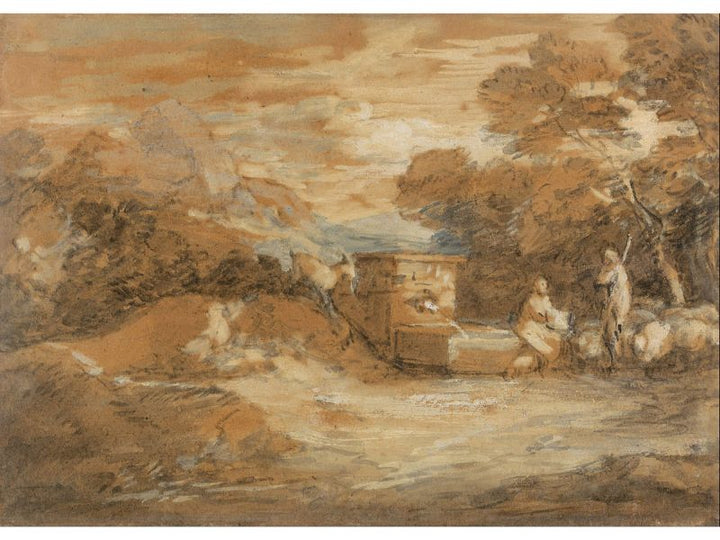 Mountain Landscape with Figures Sheep and Fountain 