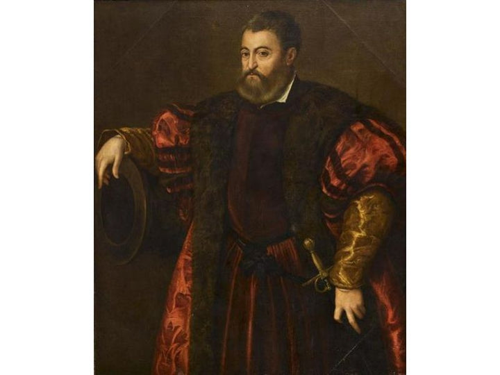 Portrait of Alfonso I, Duca di Ferrara, half length, wearing a fur trimmed coat, his right arm resting on a cannon barrel