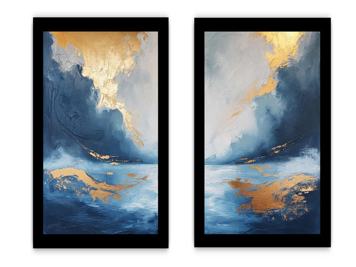 Gold Blue Abstract Waves Art Set