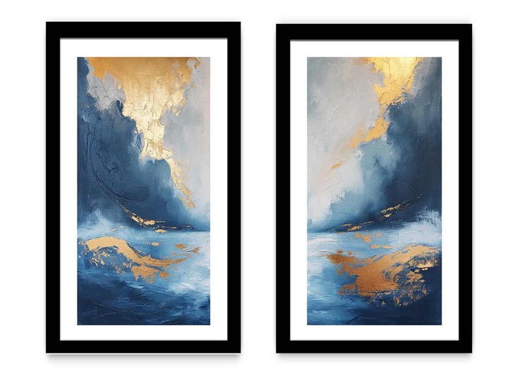 Gold Blue Abstract Waves Art Set