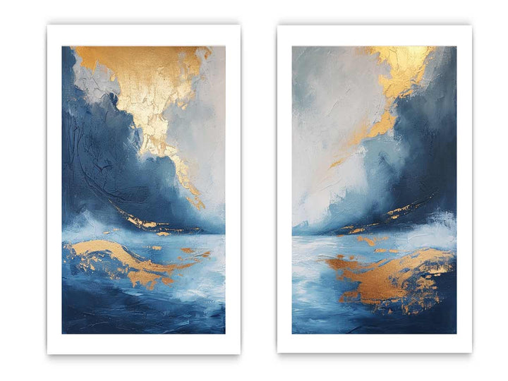 Gold Blue Abstract Waves Art Set